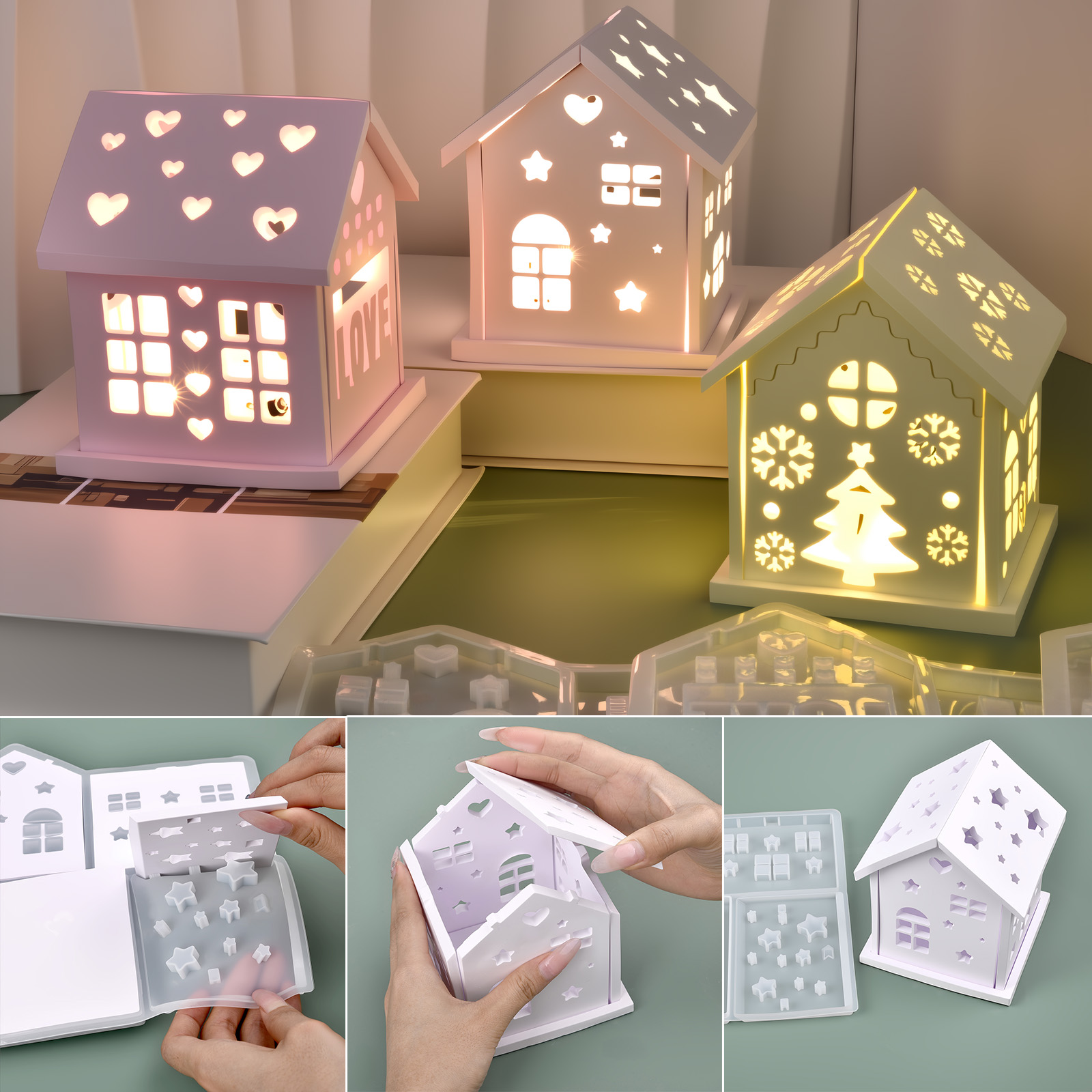 Candle Making Equipment - 3Dハウスシリコンモールド DIY クリスマスツリー ラブスター ハウスオーナメント デコレーション