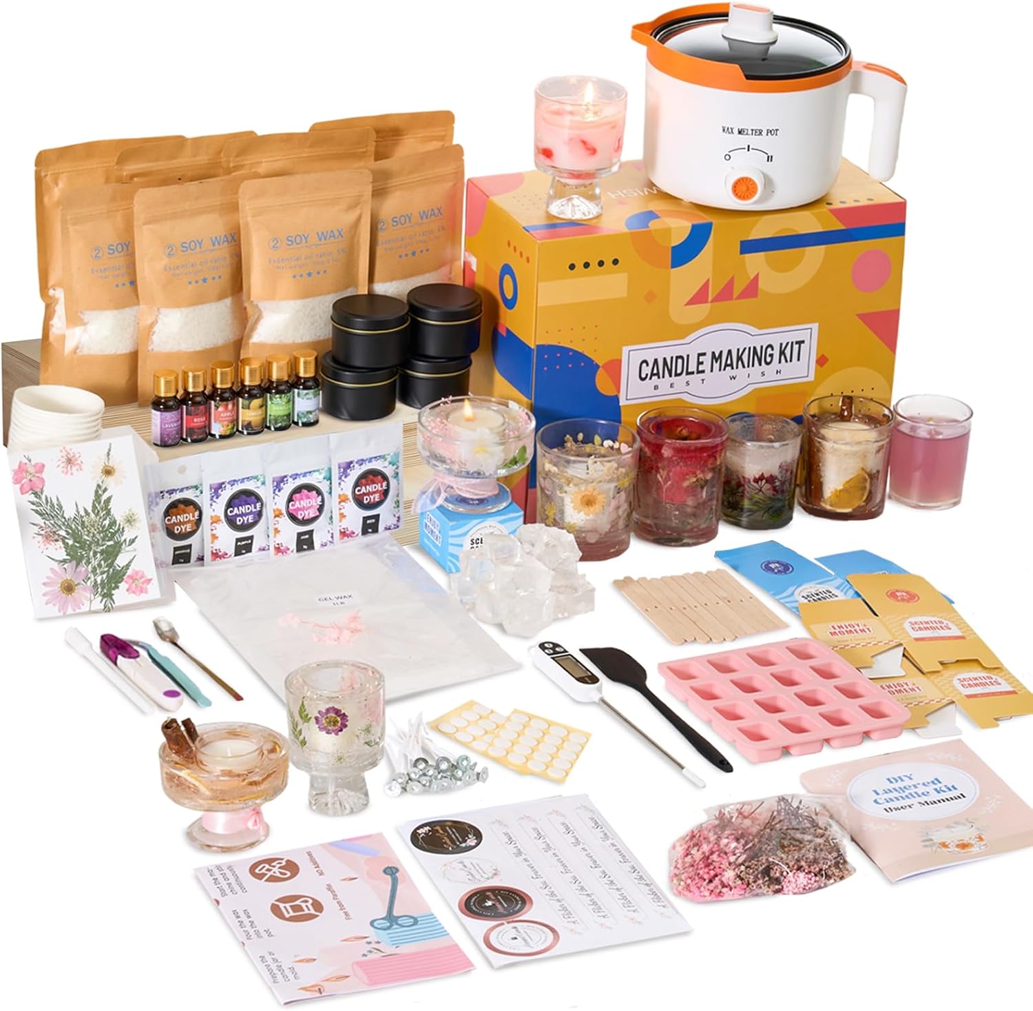 Candle Making Kits - 2-in-1大豆＆ゼリーワックスDIYキャンドル作成キット（初心者＆大人向け） | 完全なキャンドル作りキット、デュアル設定ワックスメルター、カスタムフレグランス＆カラー、家庭での趣味やホリデーギフトに最適