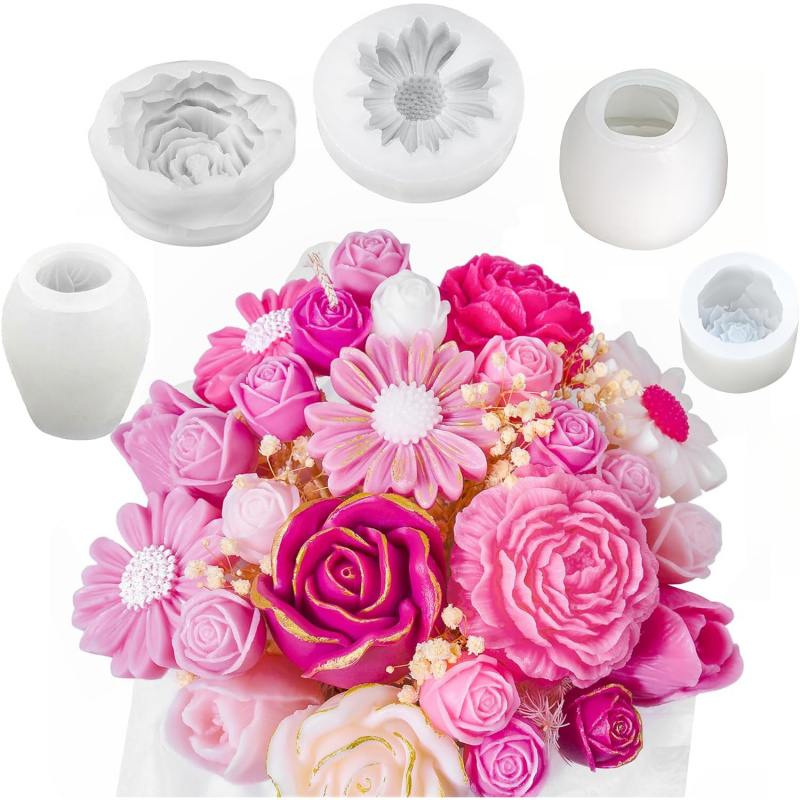 Candle Making Kit Wholesale - 5フラワーキャンドルモールドセット、3D花柄シリコンキャンドルモールド、キャンドル作りに使用、デイジー、ピオニー、ローズ、チューリップフラワーモールド