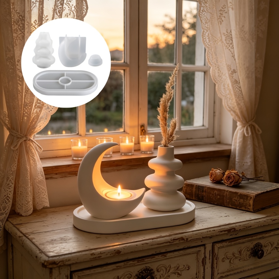 Candle Making Kit Wholesale - ムーンキャンドルスティック、北欧風花瓶、楕円形トレイを含む4点セット、エポキシ石膏キャンドルや製品の作成、装飾用