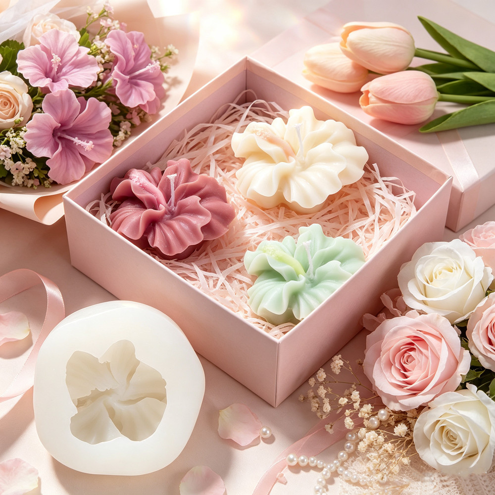 Candle Making Kit Wholesale - 2個入りハイビスカスフラワーキャンドルモールド、ポリマークレイキャンドル作り用フラワーシリコンモールド、エポキシ樹脂キャスティング、石鹸石膏工芸用